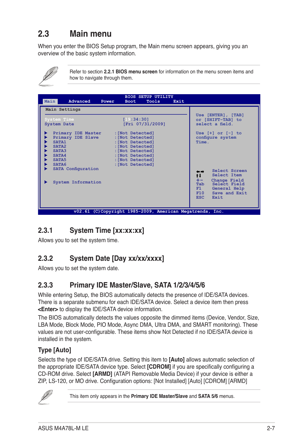 3 main menu, 1 system time, 2 system date | 3 primary ide master/slave, sata 1/2/3/4/5/6, Main menu -7 2.3.1, System time -7, System date -7, Primary ide master/slave, sata 1/2/3/4/5/6 -7, 1 system time [xx:xx:xx, Type [auto | Asus M4A78L-M LE User Manual | Page 49 / 64