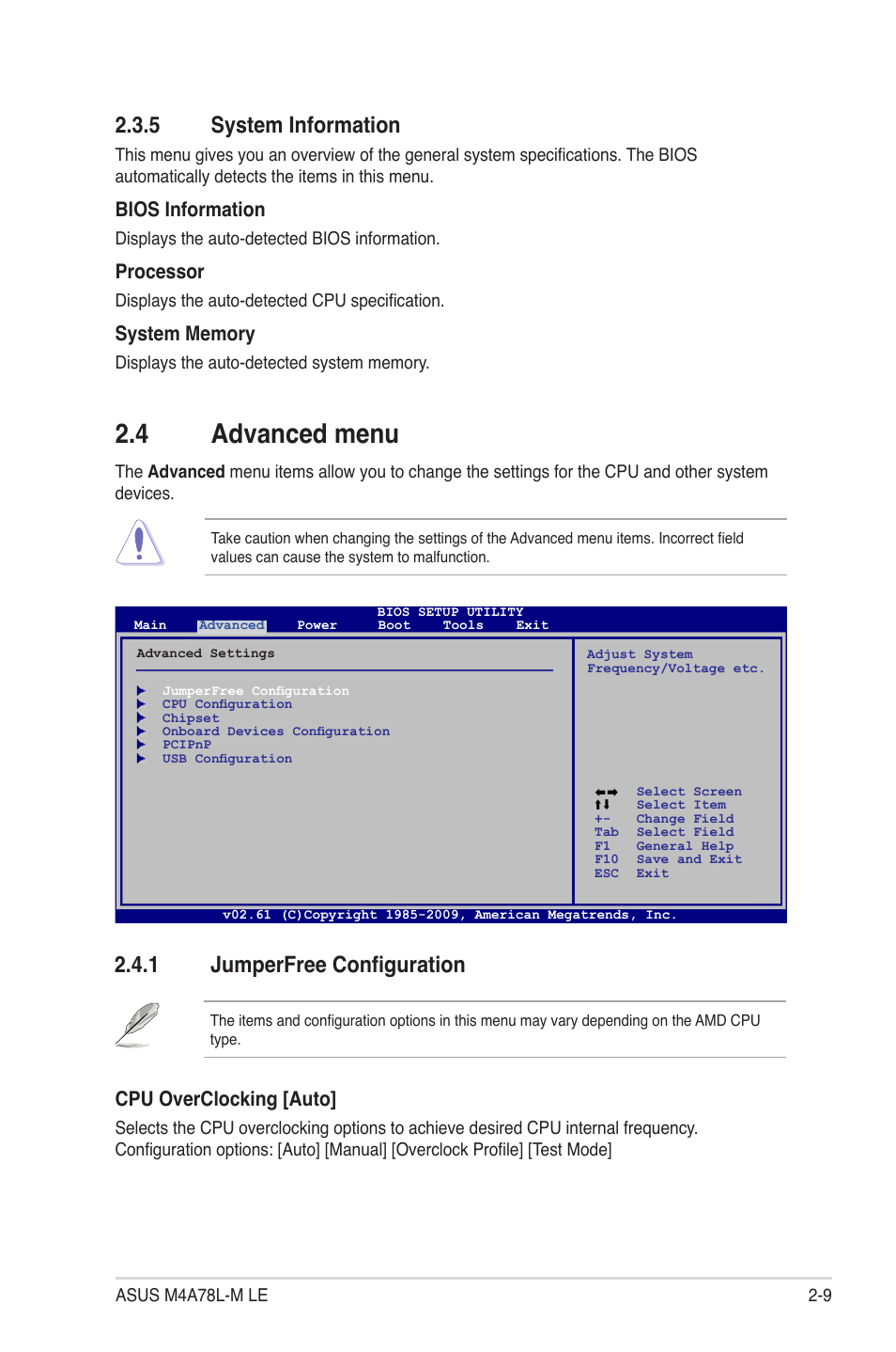 5 system information, 4 advanced menu, 1 jumperfree configuration | System information -9, Advanced menu -9 2.4.1, Jumperfree configuration -9, Bios information, Processor, Cpu overclocking [auto | Asus M4A78L-M LE User Manual | Page 51 / 64