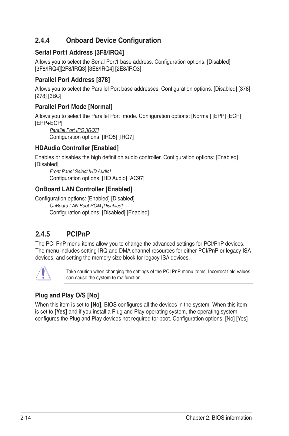 4 onboard device configuration, 5 pcipnp, 4 onboard device configuration -14 2.4.5 | Pcipnp -14 | Asus M4A78L-M LE User Manual | Page 56 / 64