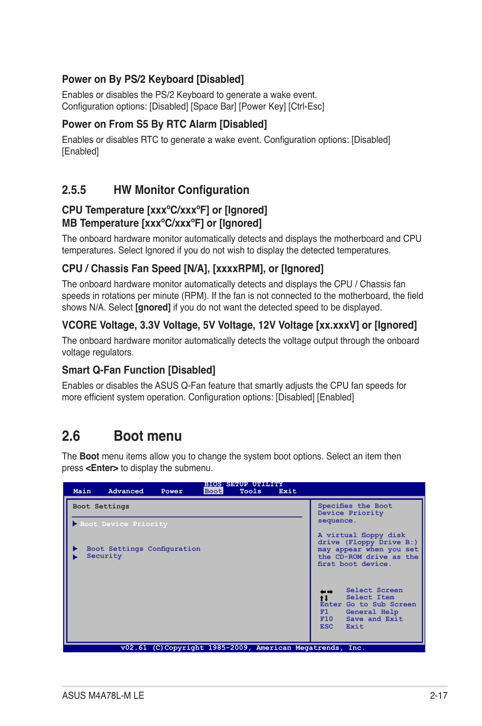 5 hw monitor configuration, 6 boot menu, Hw monitor configuration -17 | Boot menu -17 | Asus M4A78L-M LE User Manual | Page 59 / 64