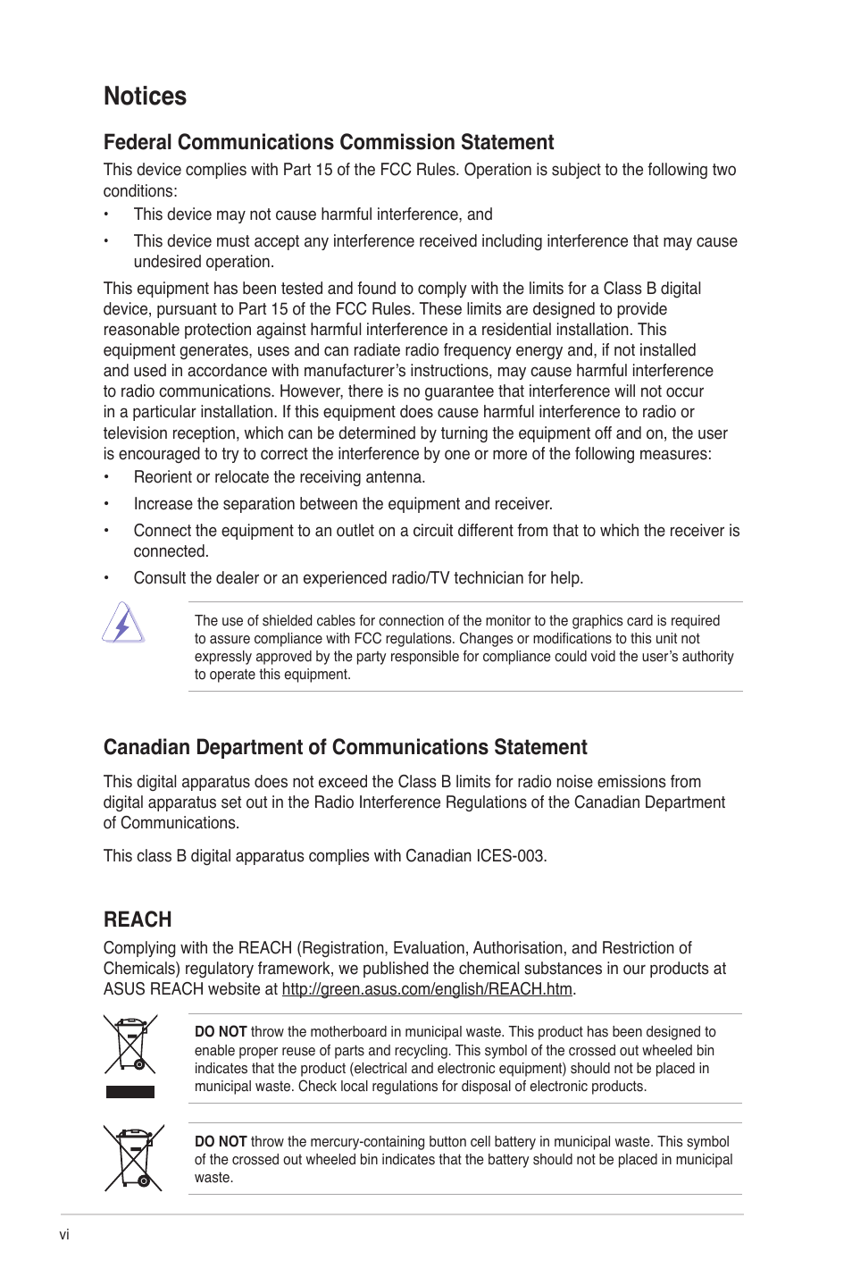 Notices, Federal communications commission statement, Canadian department of communications statement | Reach | Asus M4A78L-M LE User Manual | Page 6 / 64