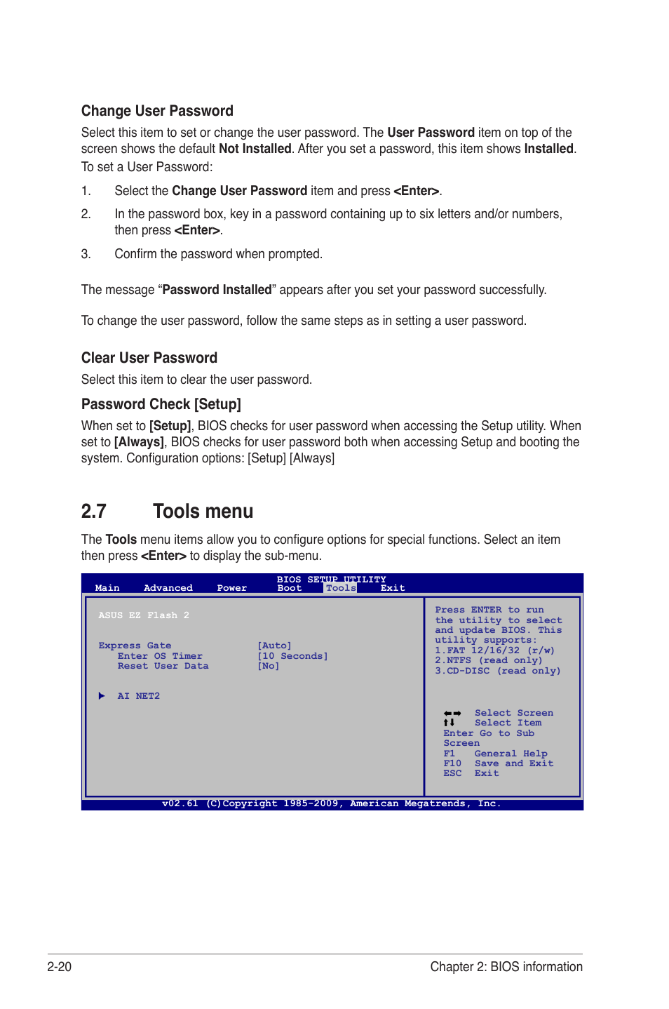 7 tools menu, Tools menu -20, Change user password | Clear user password, Password check [setup | Asus M4A78L-M LE User Manual | Page 62 / 64