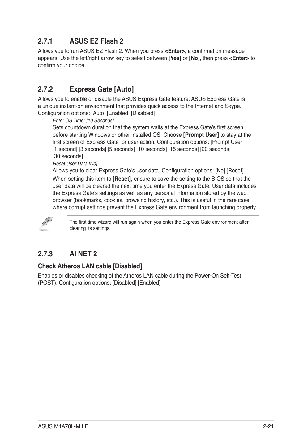 1 asus ez flash 2, 2 express gate, 3 ai net 2 | Asus ez flash 2 -21, Express gate -21, Ai net 2 -21, 2 express gate [auto | Asus M4A78L-M LE User Manual | Page 63 / 64