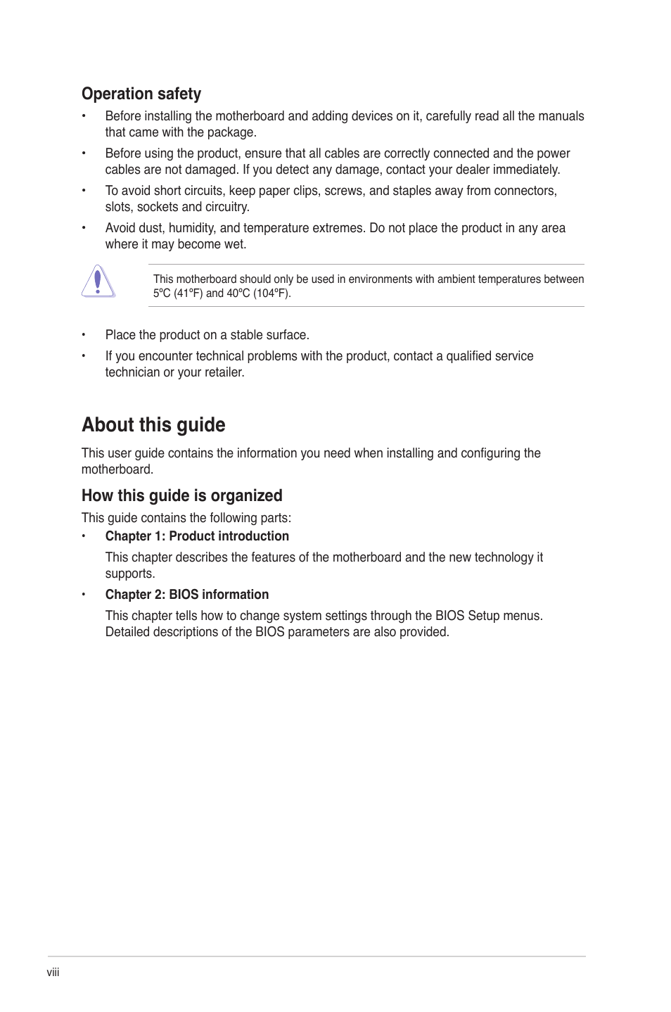 About this guide, How this guide is organized, Operation safety | Asus M4A78L-M LE User Manual | Page 8 / 64