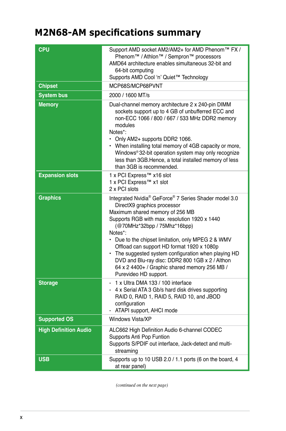 M2n68-am specifications summary | Asus M2N68-AM User Manual | Page 10 / 96