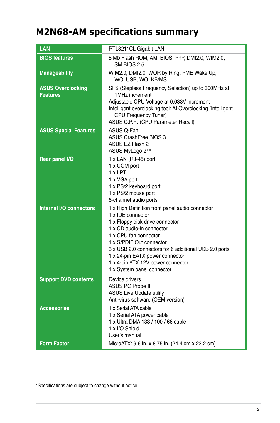 M2n68-am specifications summary | Asus M2N68-AM User Manual | Page 11 / 96