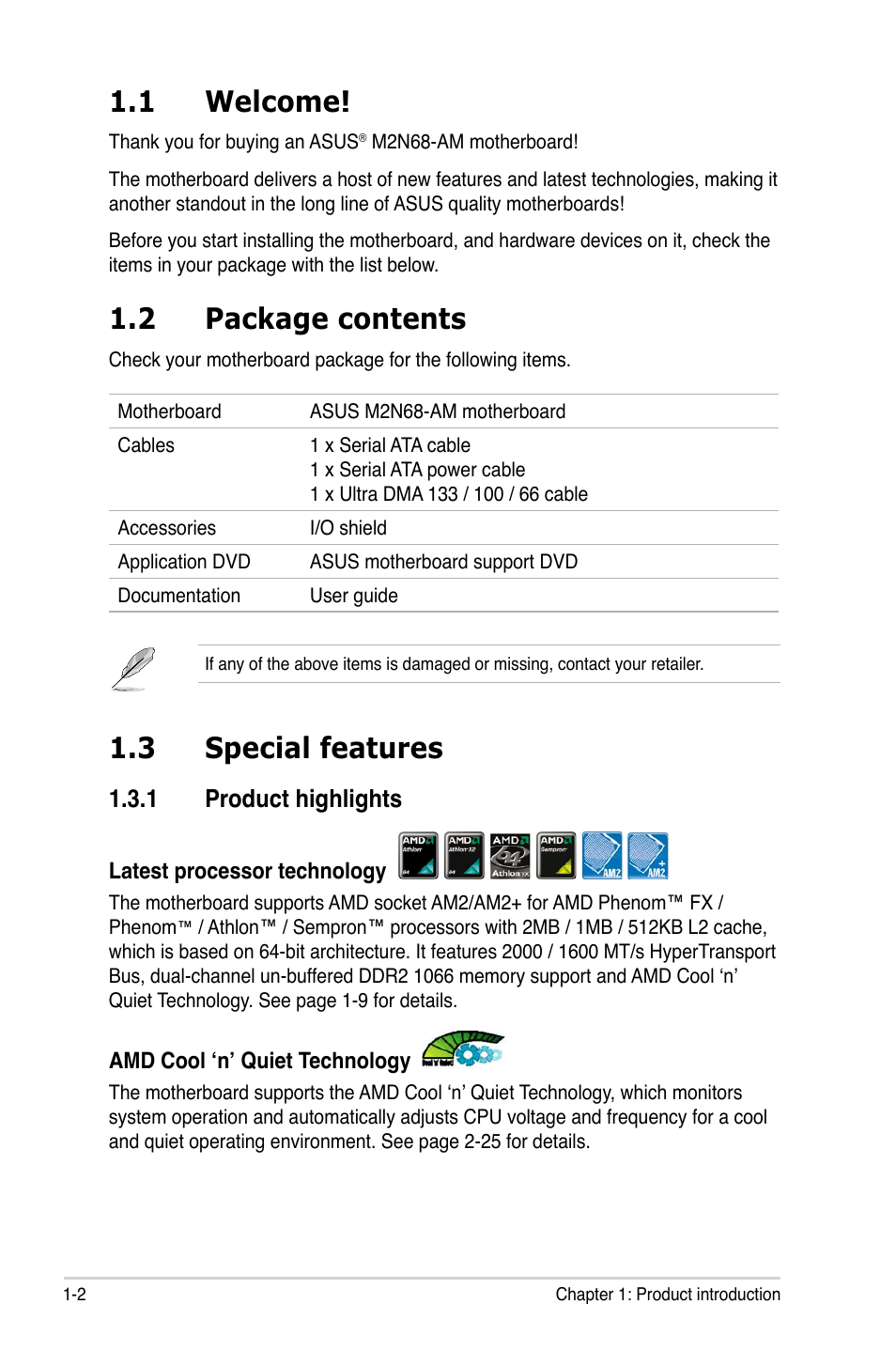 1 welcome, 2 package contents, 3 special features | 1 product highlights, Welcome! -2, Package contents -2, Special features -2 1.3.1, Product highlights -2 | Asus M2N68-AM User Manual | Page 14 / 96