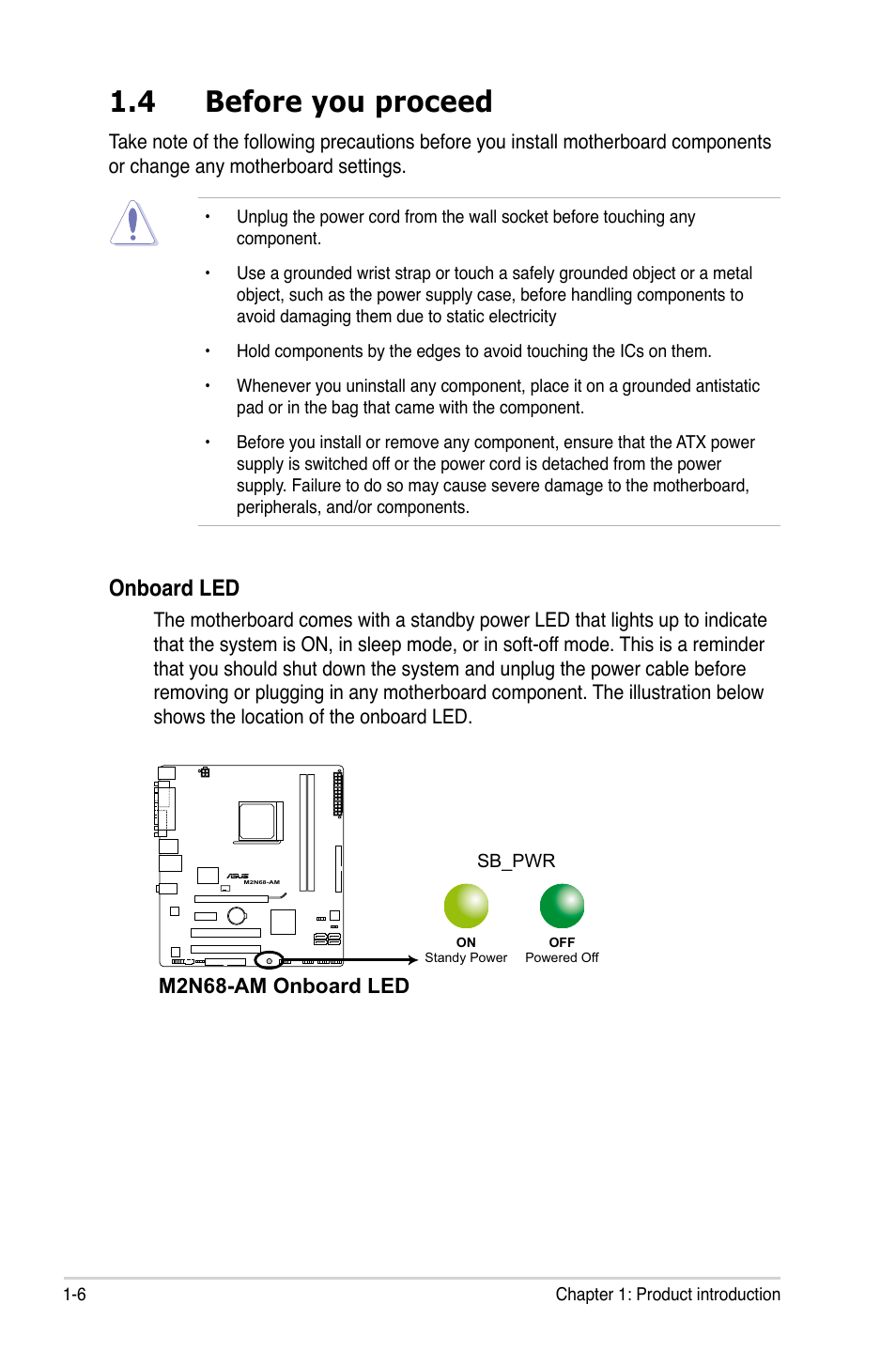 4 before you proceed, Before you proceed -6, Onboard led | Asus M2N68-AM User Manual | Page 18 / 96