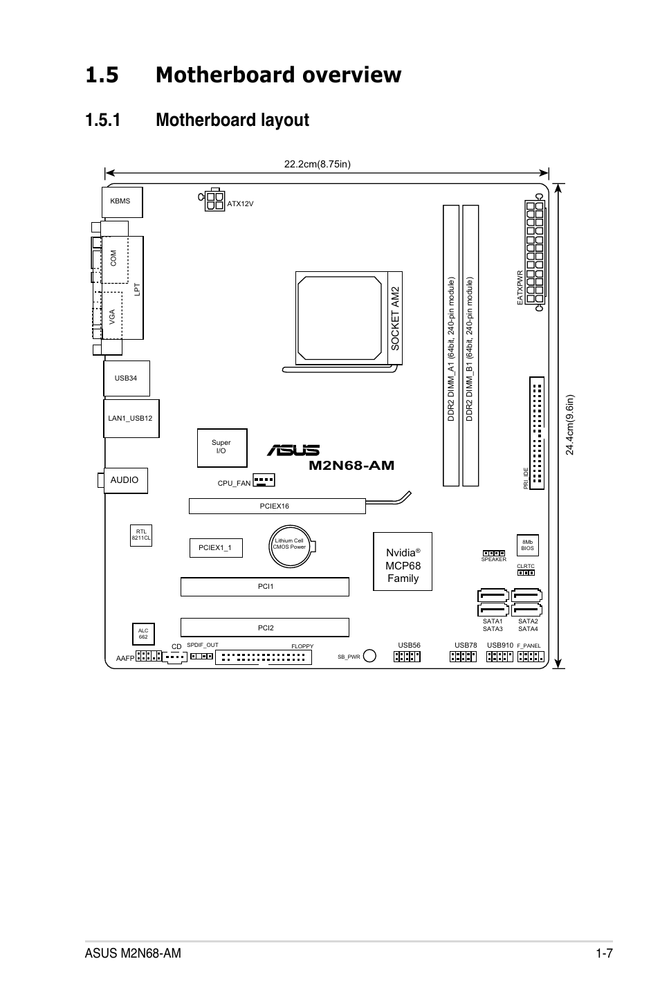 5 motherboard overview, 1 motherboard layout, Motherboard overview -7 1.5.1 | Motherboard layout -7, M2n68-am, Nvidia, Mcp68 family | Asus M2N68-AM User Manual | Page 19 / 96