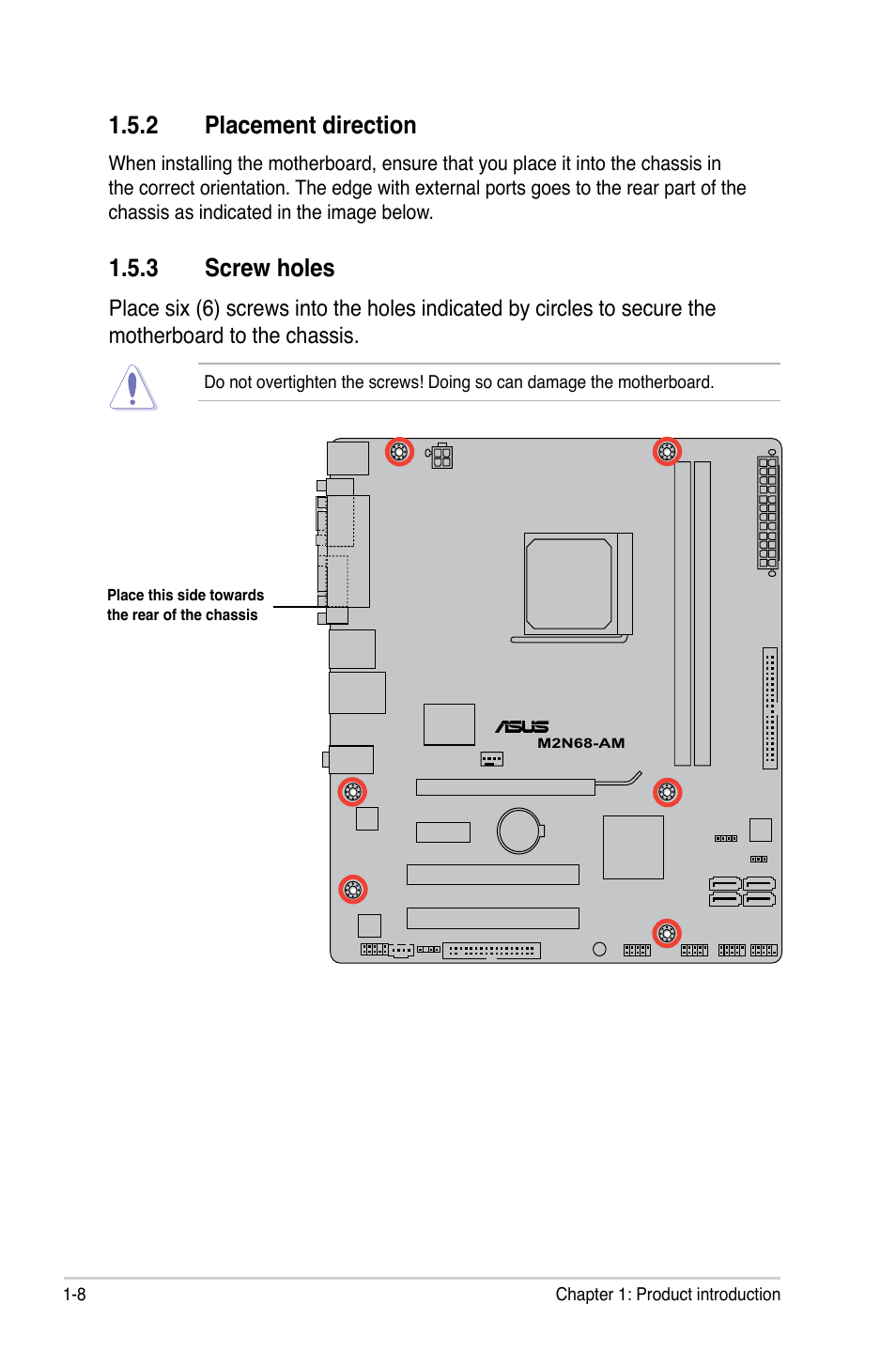 2 placement direction, 3 screw holes, Placement direction -8 | Screw holes -8 | Asus M2N68-AM User Manual | Page 20 / 96