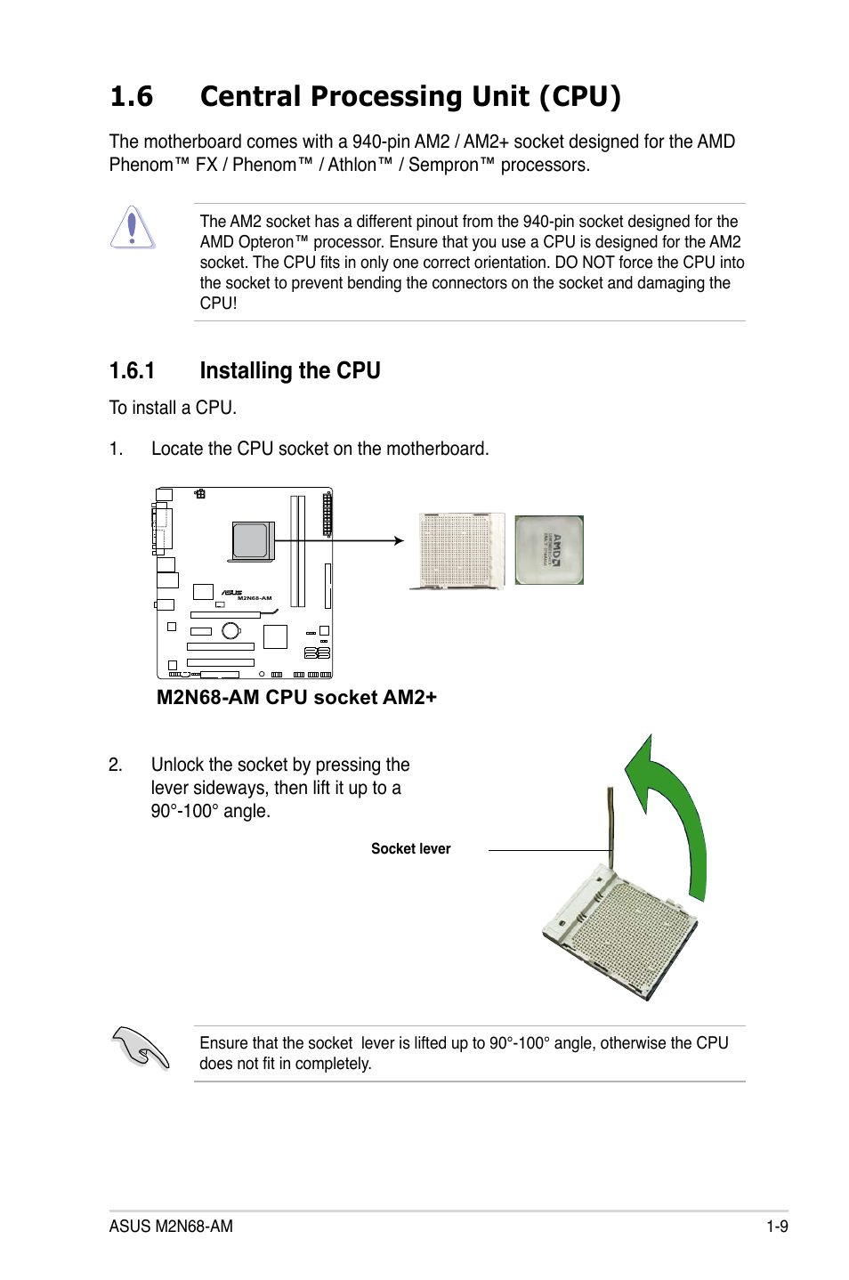 6 central processing unit (cpu), 1 installing the cpu, Central processing unit (cpu) -9 1.6.1 | Installing the cpu -9 | Asus M2N68-AM User Manual | Page 21 / 96