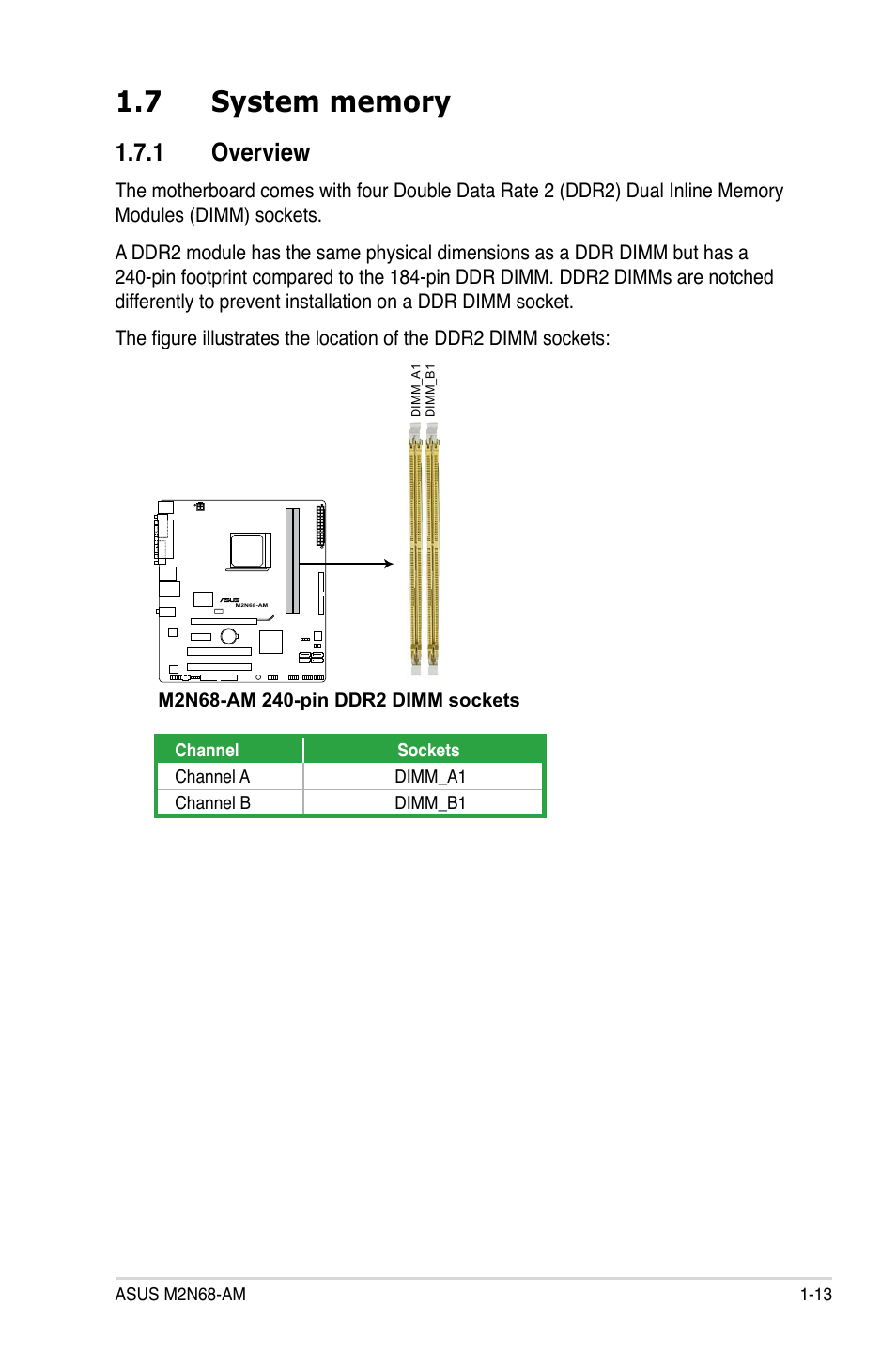 7 system memory, 1 overview, System memory -13 1.7.1 | Overview -13 | Asus M2N68-AM User Manual | Page 25 / 96