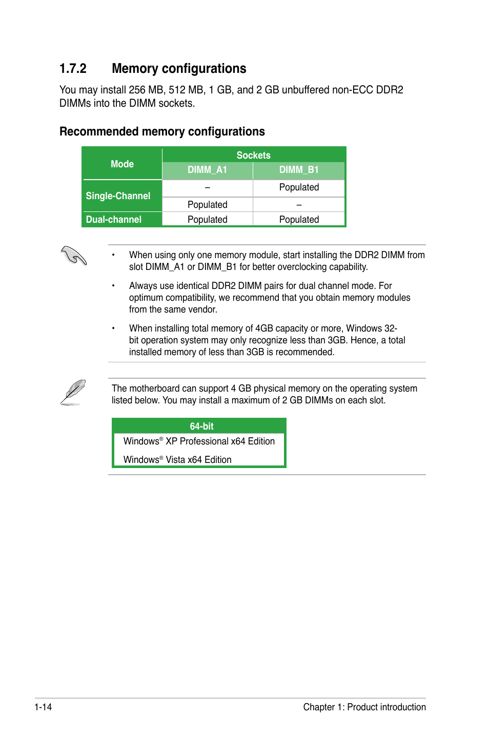 2 memory configurations, Memory configurations -14 | Asus M2N68-AM User Manual | Page 26 / 96