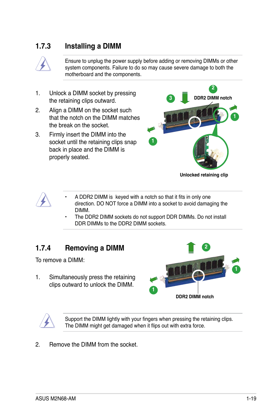 3 installing a dimm, 4 removing a dimm, Installing a dimm -19 | Removing a dimm -19 | Asus M2N68-AM User Manual | Page 31 / 96