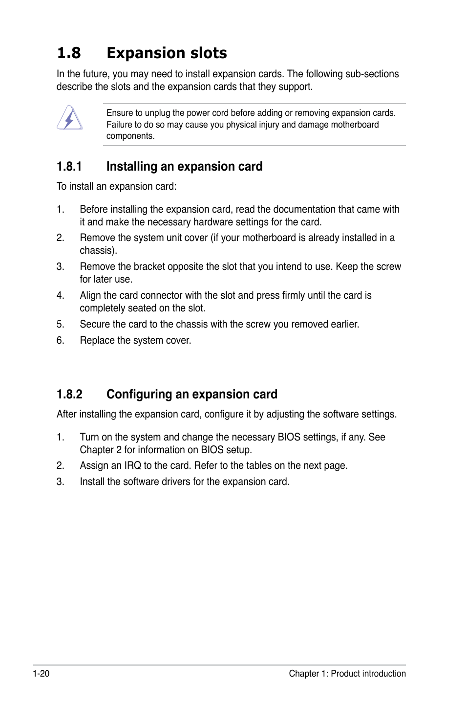 8 expansion slots, 1 installing an expansion card, 2 configuring an expansion card | Expansion slots -20 1.8.1, Installing an expansion card -20, Configuring an expansion card -20 | Asus M2N68-AM User Manual | Page 32 / 96