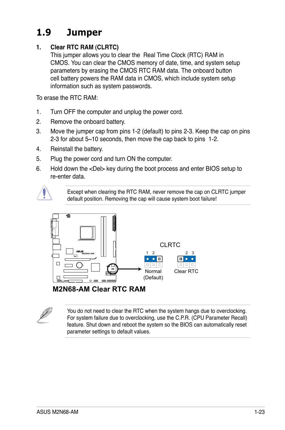 9 jumper, Jumper -23, M2n68-am clear rtc ram | Asus M2N68-AM User Manual | Page 35 / 96