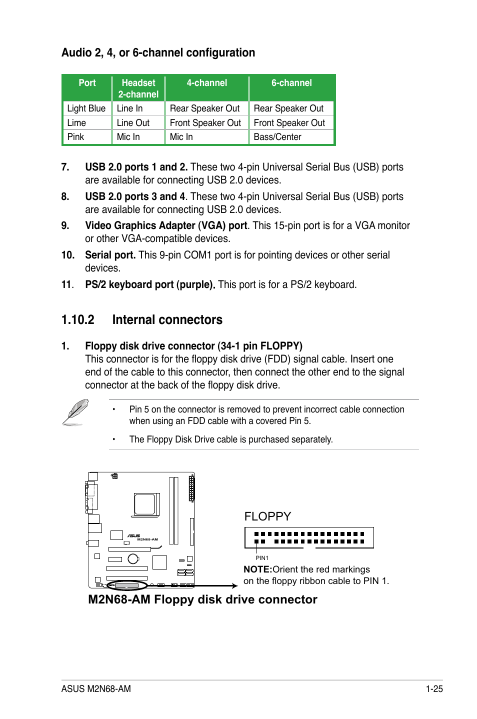 2 internal connectors, 2 internal connectors -25, Audio 2, 4, or 6-channel configuration | M2n68-am floppy disk drive connector | Asus M2N68-AM User Manual | Page 37 / 96