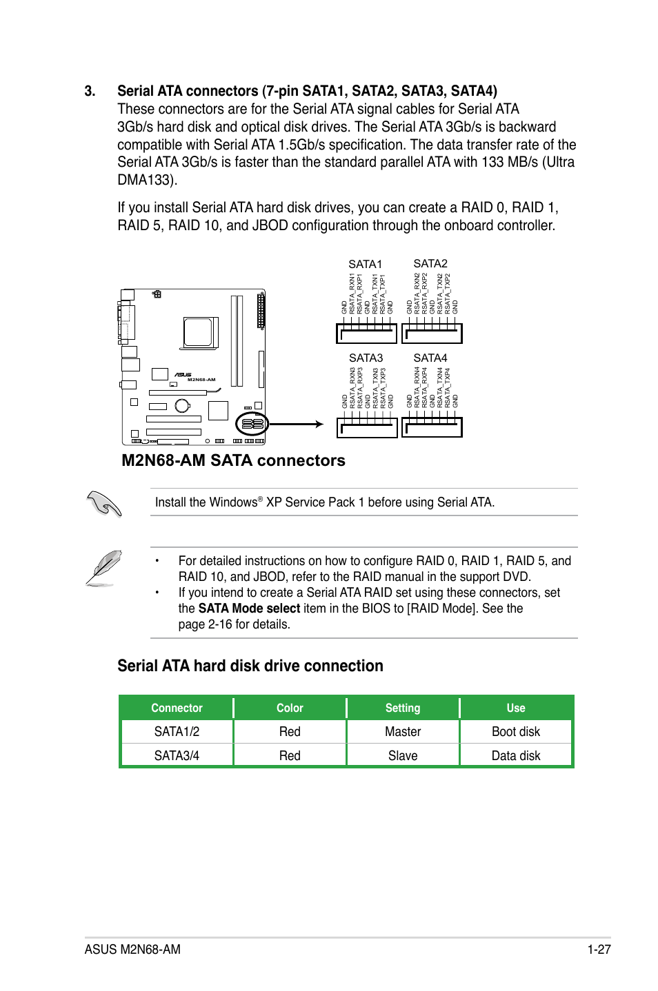 Serial ata hard disk drive connection, M2n68-am sata connectors, Install the windows | Asus M2N68-AM User Manual | Page 39 / 96