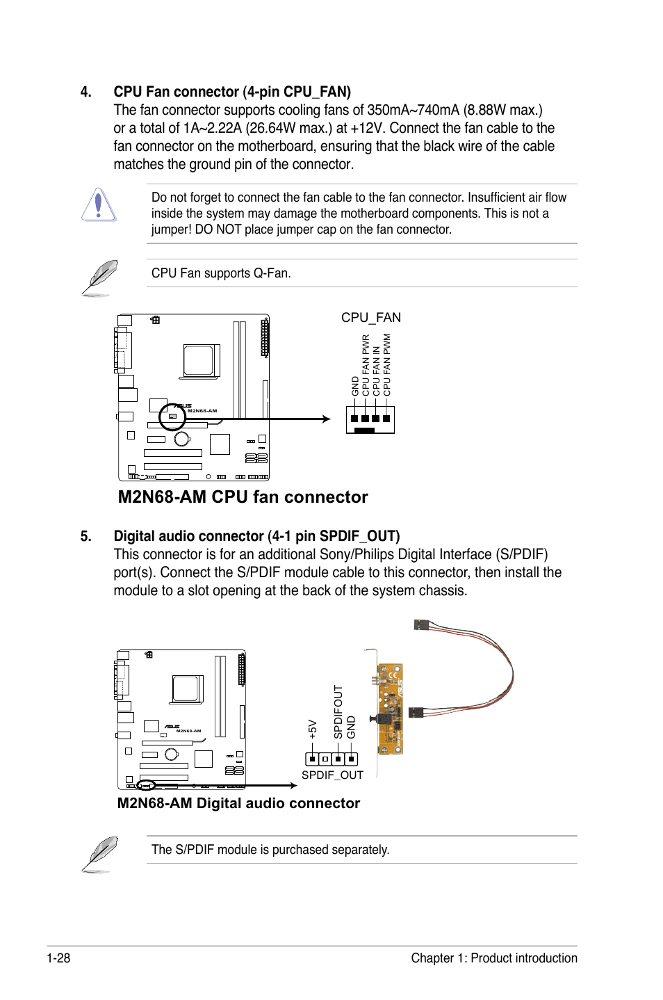 M2n68-am cpu fan connector, M2n68-am digital audio connector | Asus M2N68-AM User Manual | Page 40 / 96