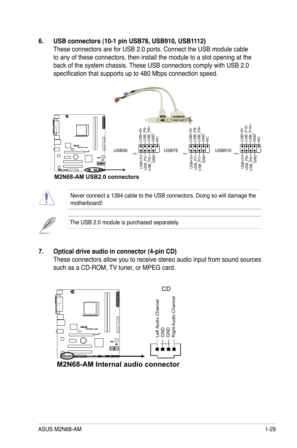 M2n68-am internal audio connector, The usb 2.0 module is purchased separately | Asus M2N68-AM User Manual | Page 41 / 96