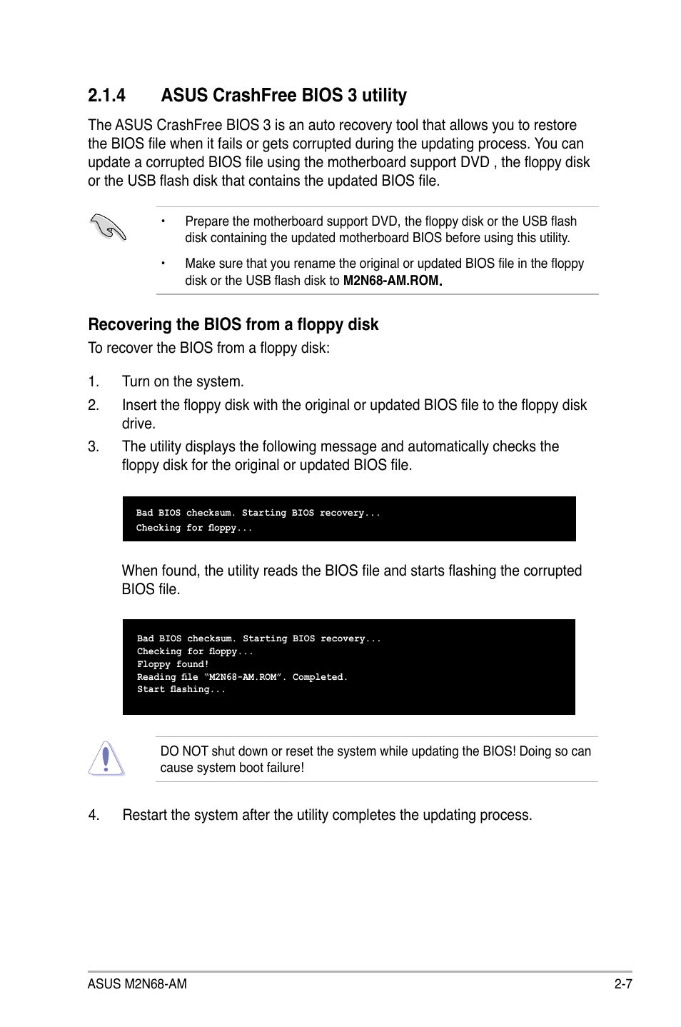 4 asus crashfree bios 3 utility, Asus crashfree bios 3 utility -7, Recovering the bios from a floppy disk | Asus M2N68-AM User Manual | Page 51 / 96