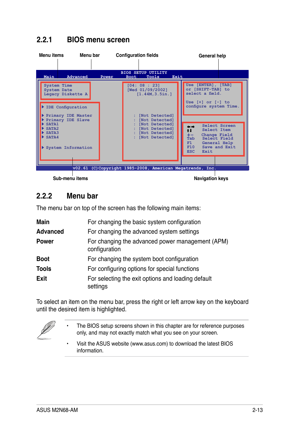 1 bios menu screen, 2 menu bar, Bios menu screen -13 | Menu bar -13 | Asus M2N68-AM User Manual | Page 57 / 96