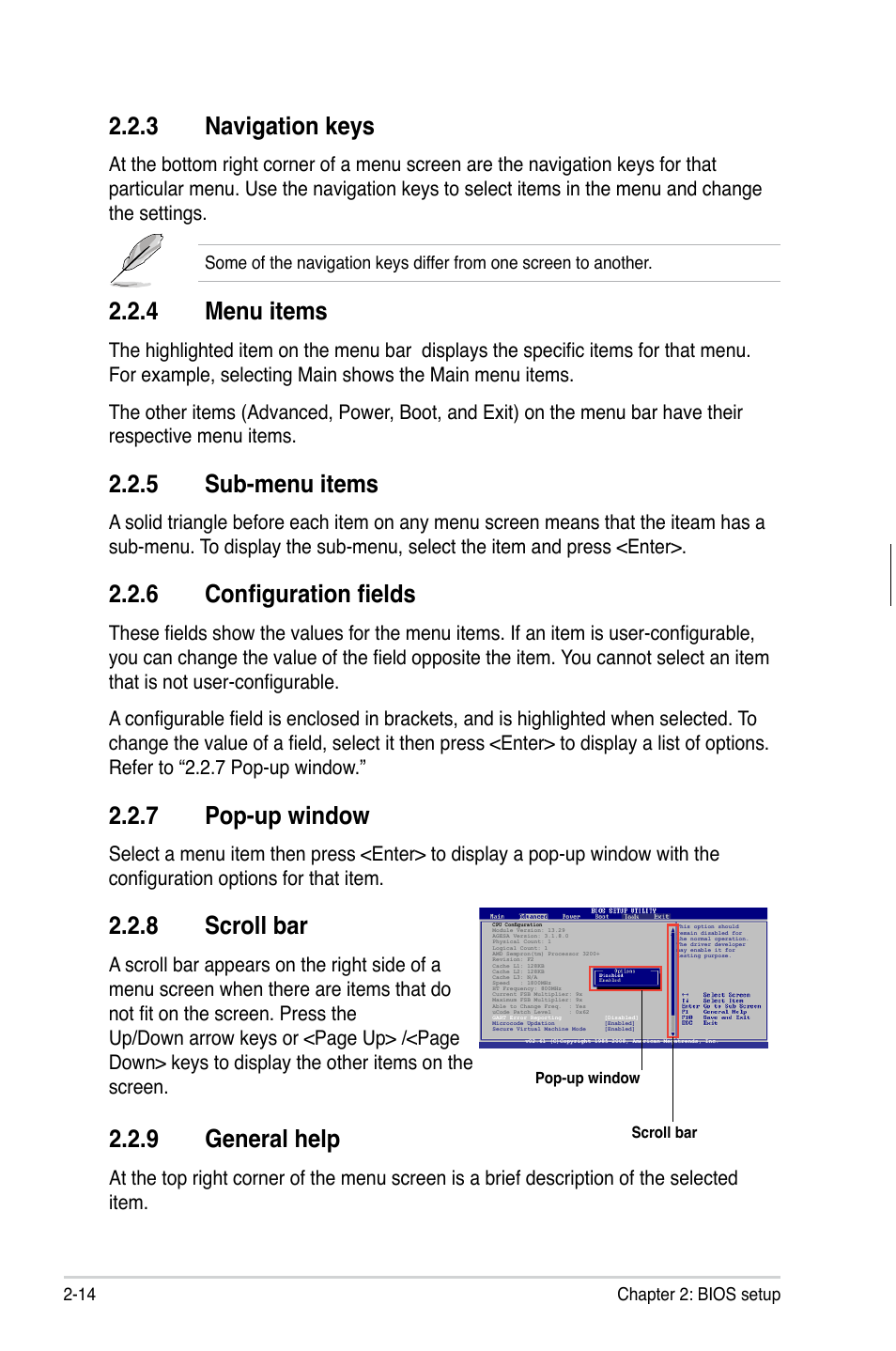 3 navigation keys, 4 menu items, 5 sub-menu items | 6 configuration fields, 7 pop-up window, 8 scroll bar, 9 general help, Navigation keys -14, Menu items -14, Sub-menu items -14 | Asus M2N68-AM User Manual | Page 58 / 96