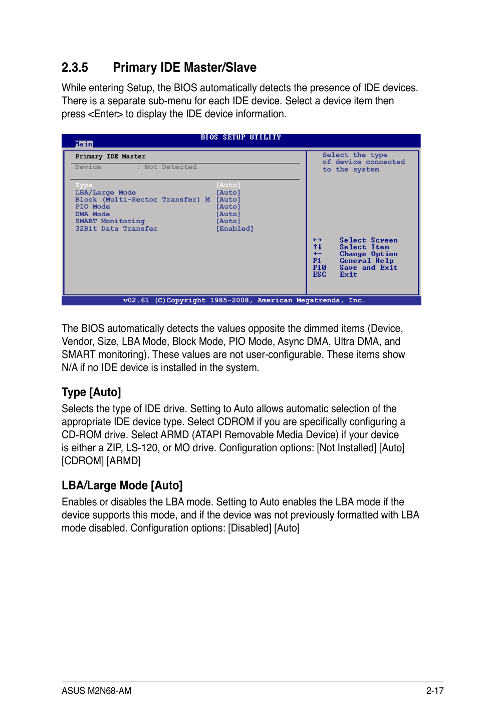 5 primary ide master/slave, Primary ide master/slave -17, Type [auto | Lba/large mode [auto | Asus M2N68-AM User Manual | Page 61 / 96