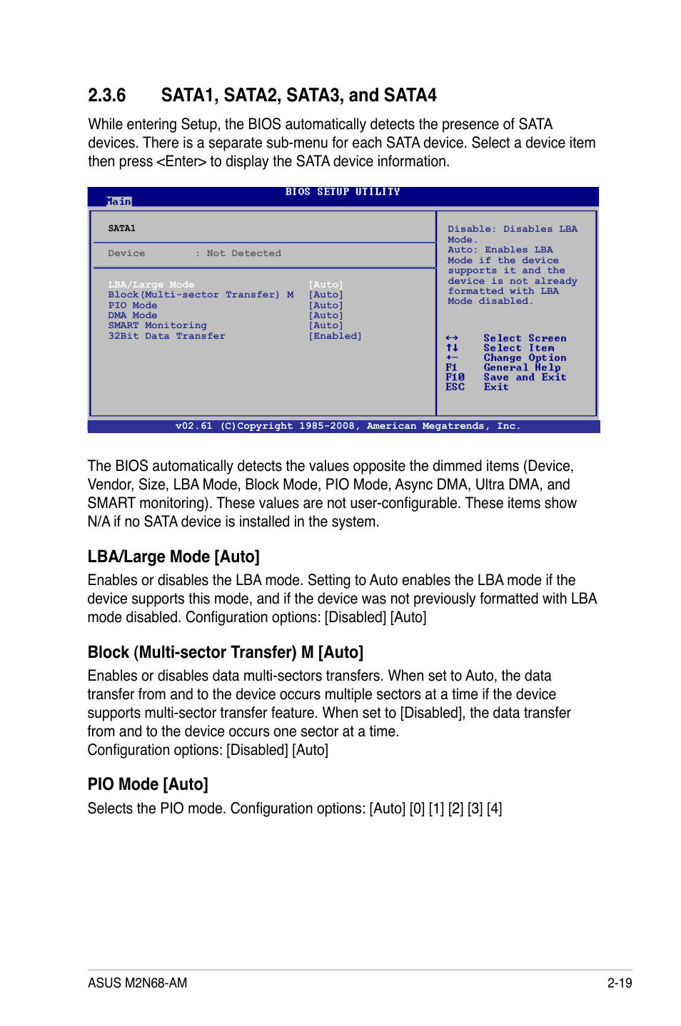 6 sata1, sata2, sata3, and sata4, Sata1, sata2, sata3, and sata4 -19, Lba/large mode [auto | Block (multi-sector transfer) m [auto, Pio mode [auto | Asus M2N68-AM User Manual | Page 63 / 96