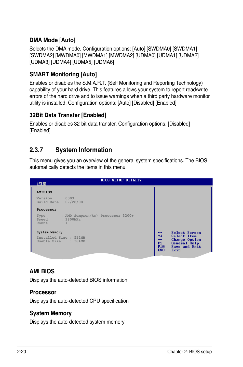 7 system information, System information -20, Dma mode [auto | Smart monitoring [auto, 32bit data transfer [enabled, Ami bios, Processor | Asus M2N68-AM User Manual | Page 64 / 96