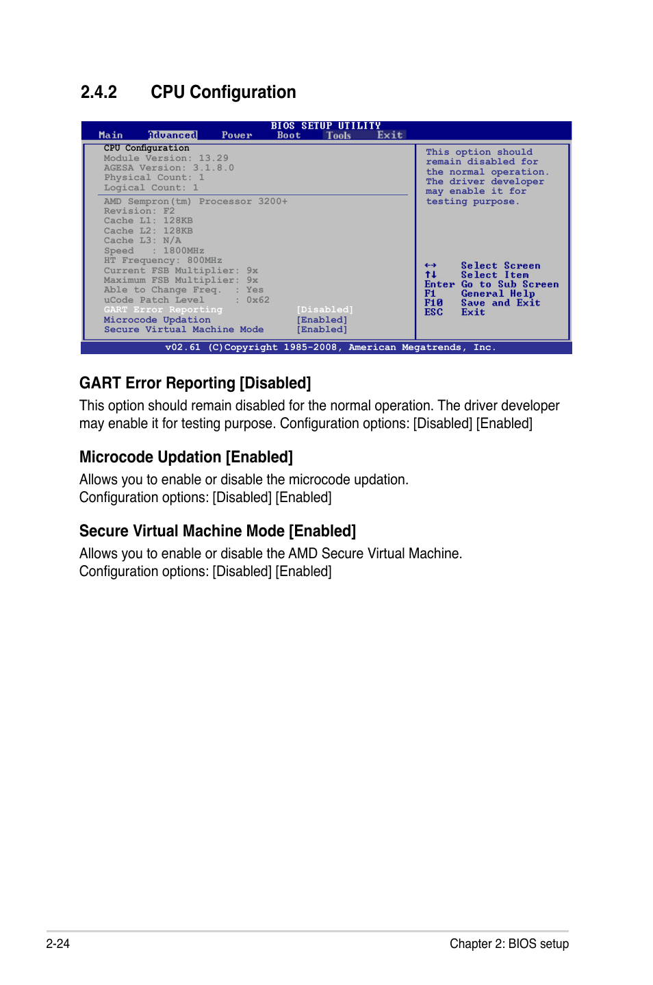 2 cpu configuration, Cpu configuration -24, Gart error reporting [disabled | Microcode updation [enabled, Secure virtual machine mode [enabled | Asus M2N68-AM User Manual | Page 68 / 96