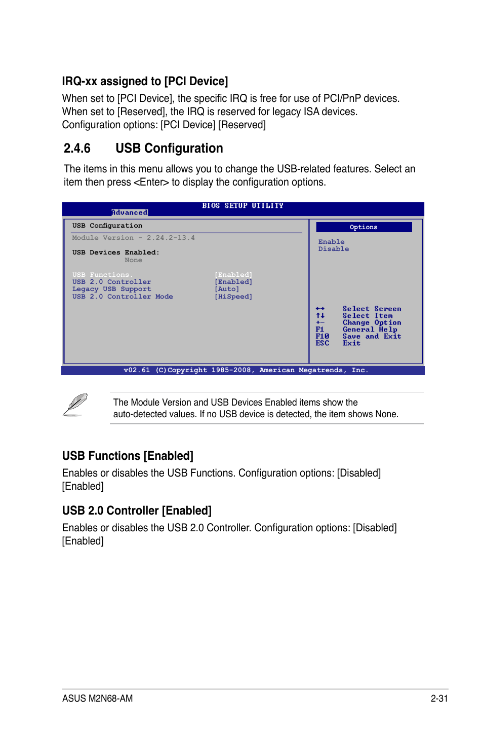 6 usb configuration, Usb configuration -31, Irq-xx assigned to [pci device | Usb functions [enabled, Usb 2.0 controller [enabled | Asus M2N68-AM User Manual | Page 75 / 96
