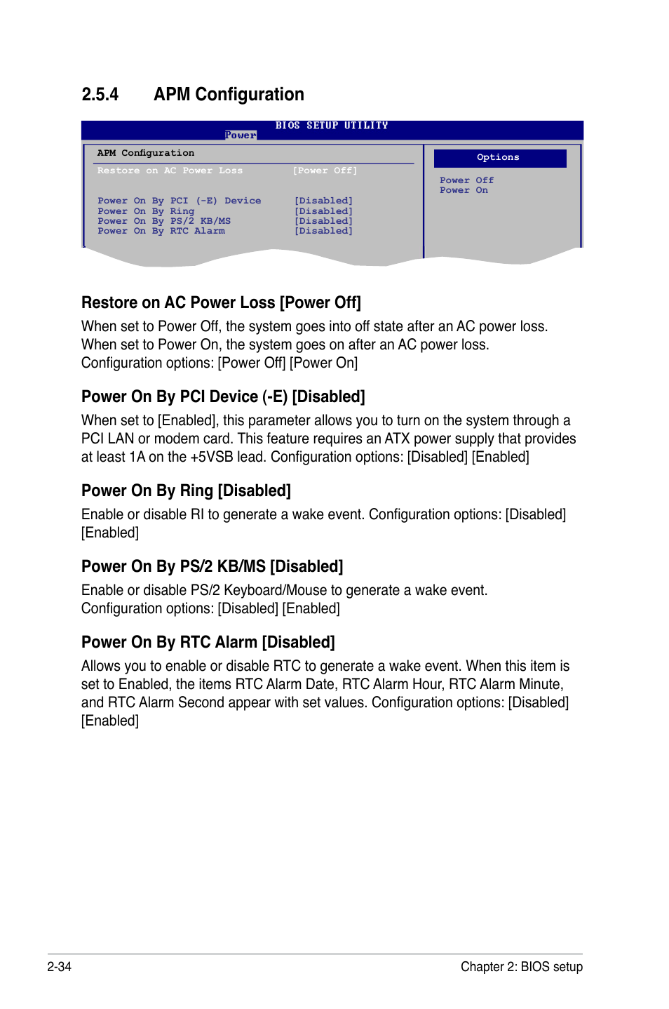 4 apm configuration, Apm configuration, Restore on ac power loss [power off | Power on by pci device (-e) [disabled, Power on by ring [disabled, Power on by ps/2 kb/ms [disabled, Power on by rtc alarm [disabled | Asus M2N68-AM User Manual | Page 78 / 96