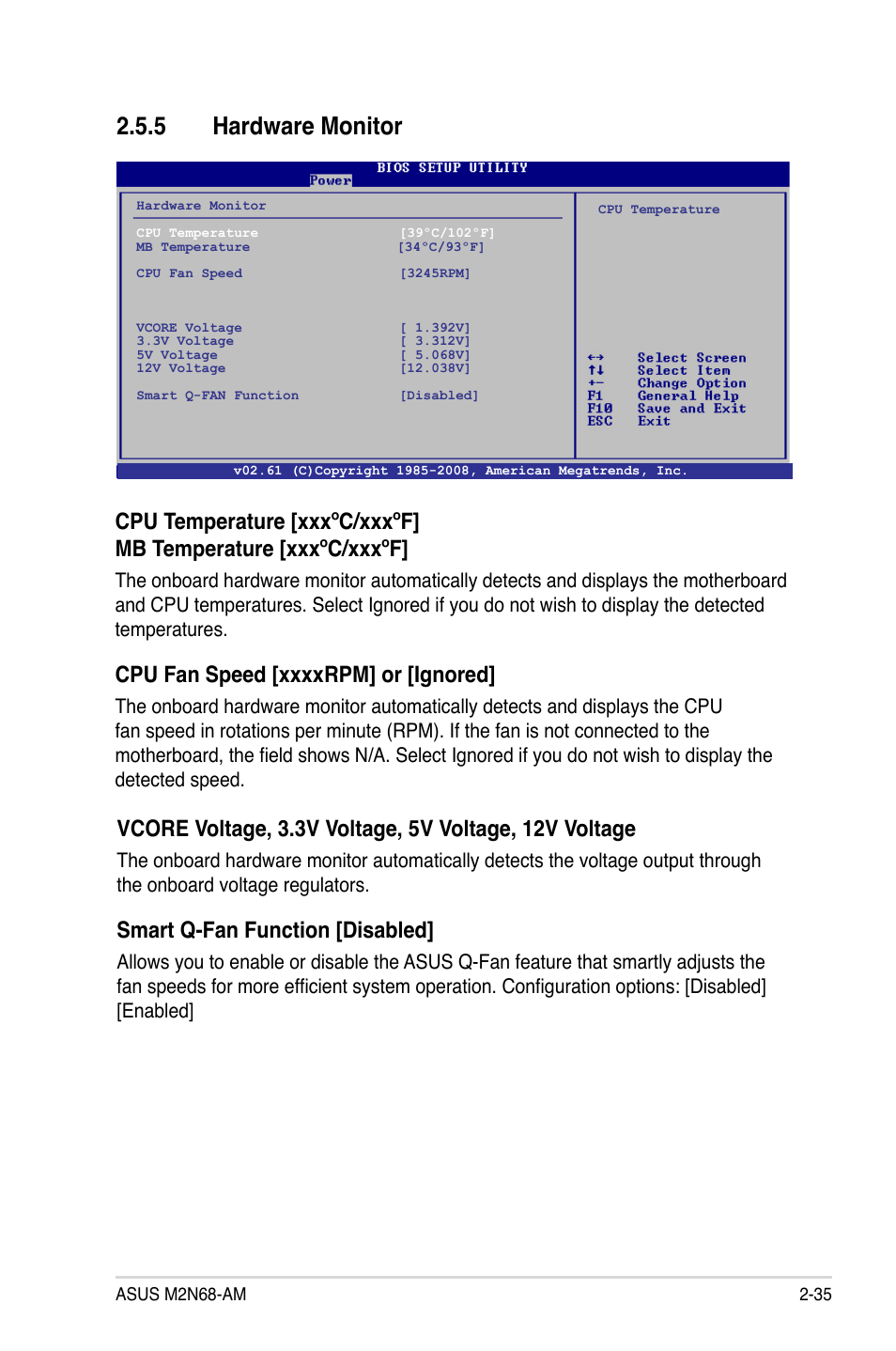 5 hardware monitor, Hardware monitor, Smart q-fan function [disabled | Asus M2N68-AM User Manual | Page 79 / 96
