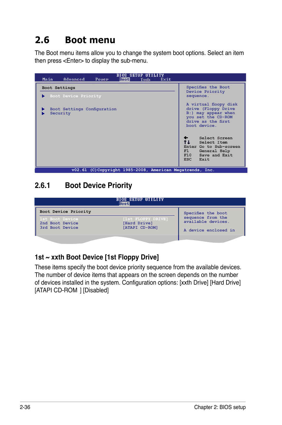 6 boot menu, 1 boot device priority, Boot menu 2.6.1 | Boot device priority, 1st ~ xxth boot device [1st floppy drive, Disabled | Asus M2N68-AM User Manual | Page 80 / 96