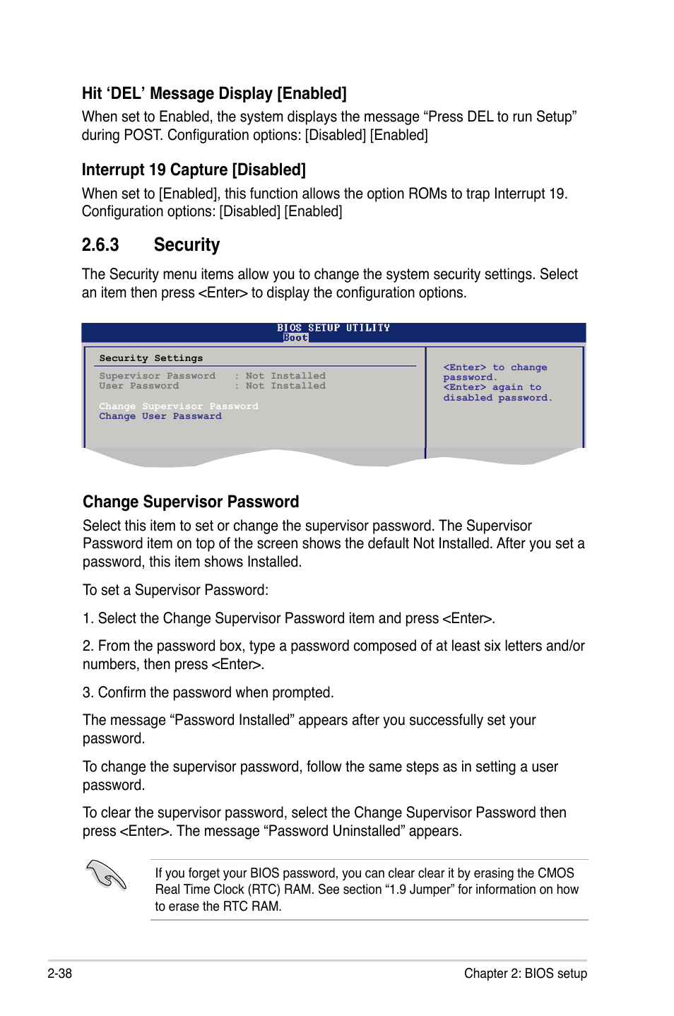 3 security, Security, Change supervisor password | Hit ‘del’ message display [enabled, Interrupt 19 capture [disabled | Asus M2N68-AM User Manual | Page 82 / 96