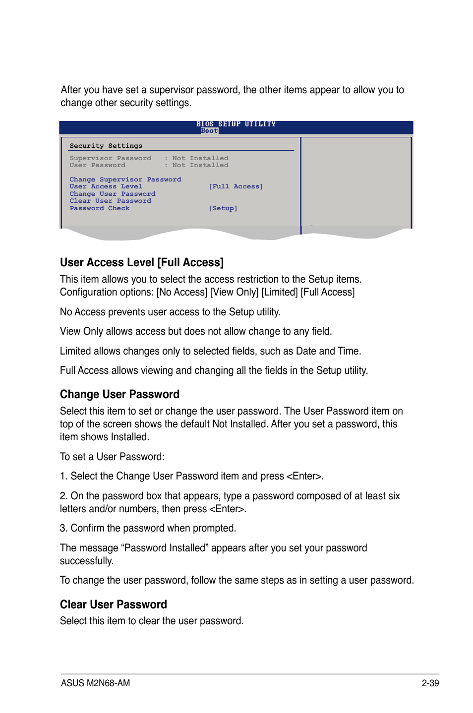 User access level [full access, Change user password, Clear user password | Select this item to clear the user password | Asus M2N68-AM User Manual | Page 83 / 96