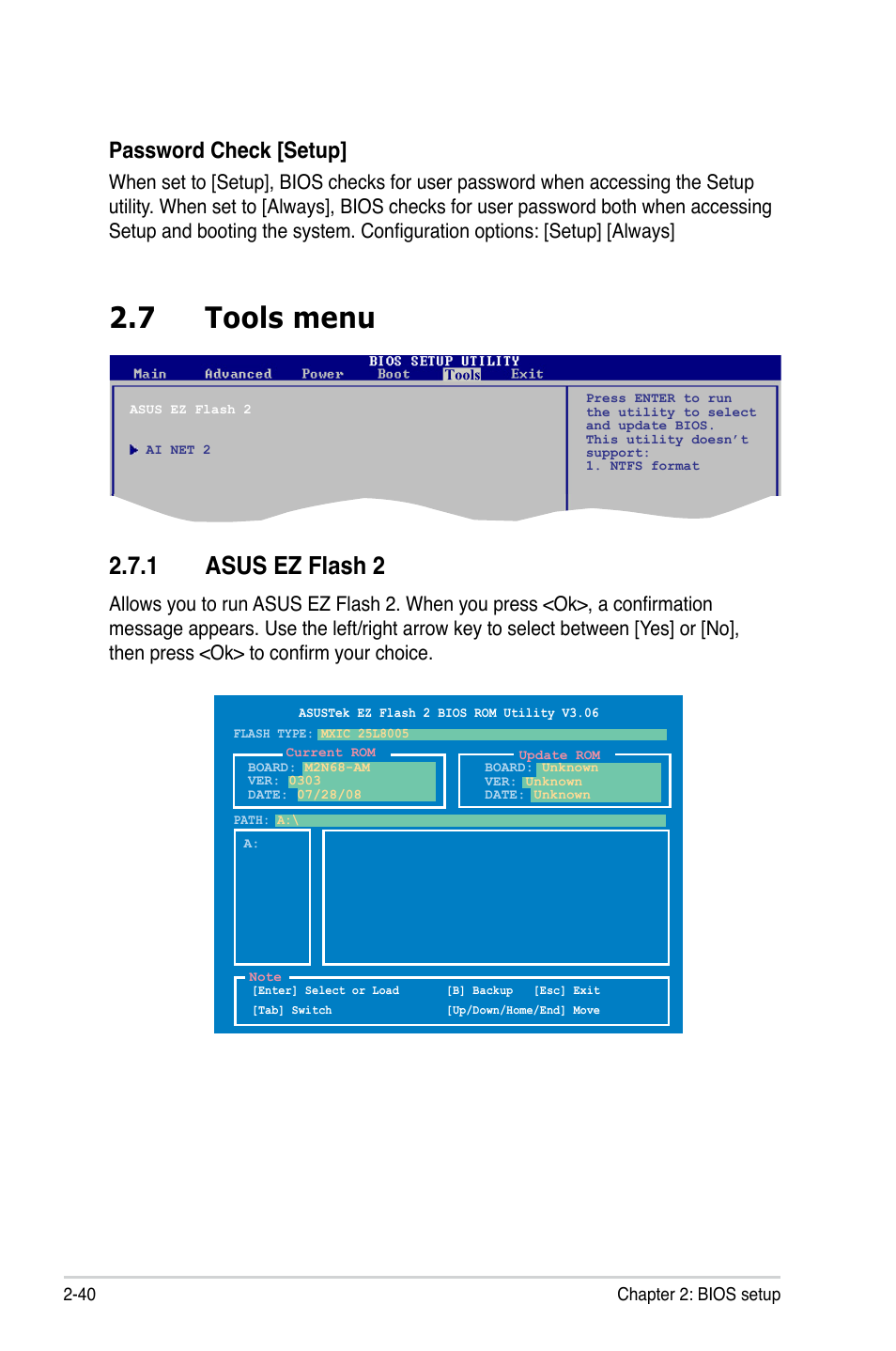 7 tools menu, 1 asus ez flash 2, Tools menu 2.7.1 | Asus ez flash 2, Password check [setup | Asus M2N68-AM User Manual | Page 84 / 96