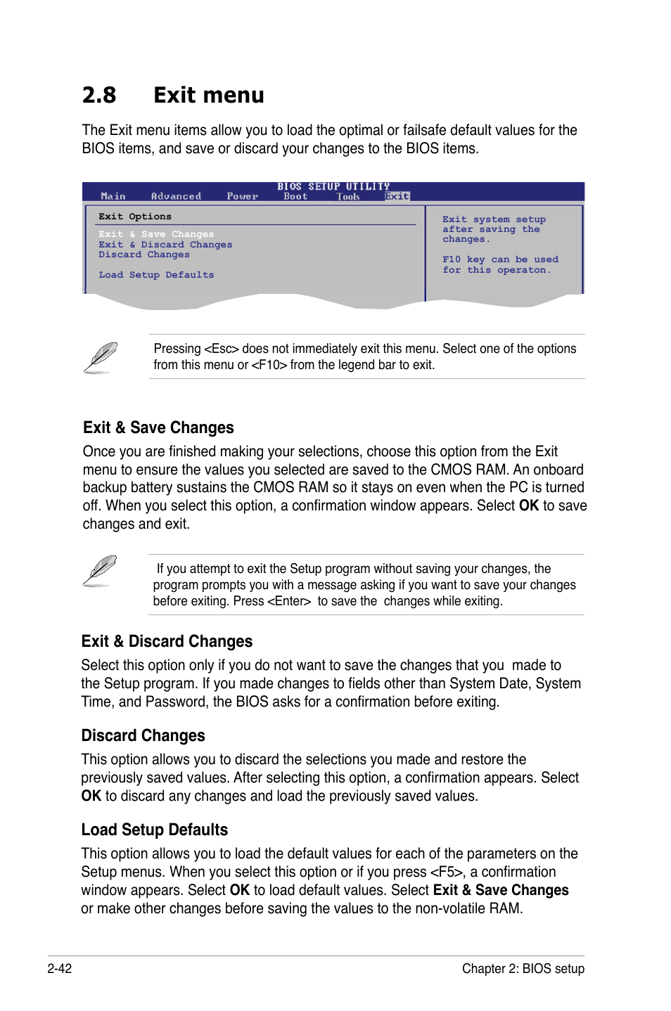 8 exit menu, Exit menu, Exit & discard changes | Discard changes, Load setup defaults, Exit & save changes | Asus M2N68-AM User Manual | Page 86 / 96