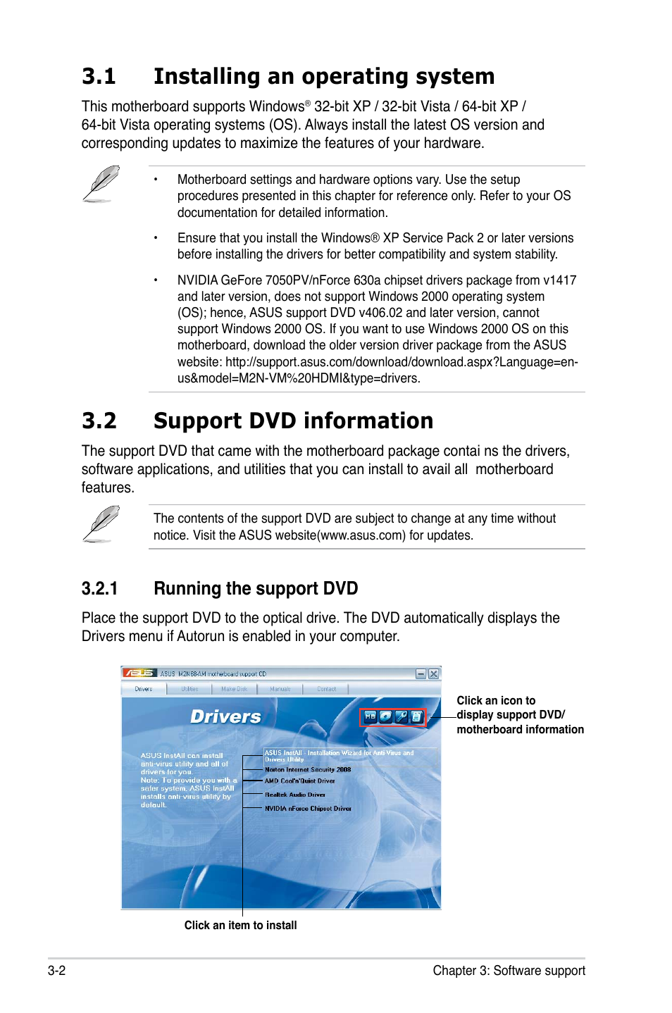 1 installing an operating system, 2 support dvd information, 1 running the support dvd | Installing an operating system, Support dvd information 3.2.1, Running the support dvd | Asus M2N68-AM User Manual | Page 88 / 96