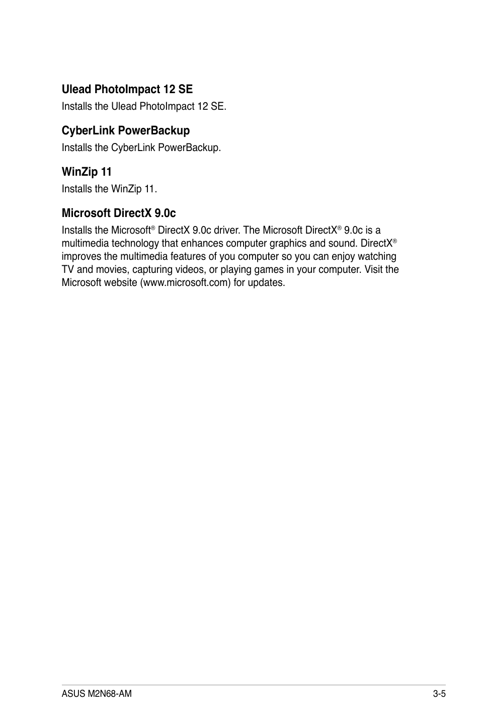 Ulead photoimpact 12 se, Cyberlink powerbackup, Winzip 11 | Microsoft directx 9.0c | Asus M2N68-AM User Manual | Page 91 / 96