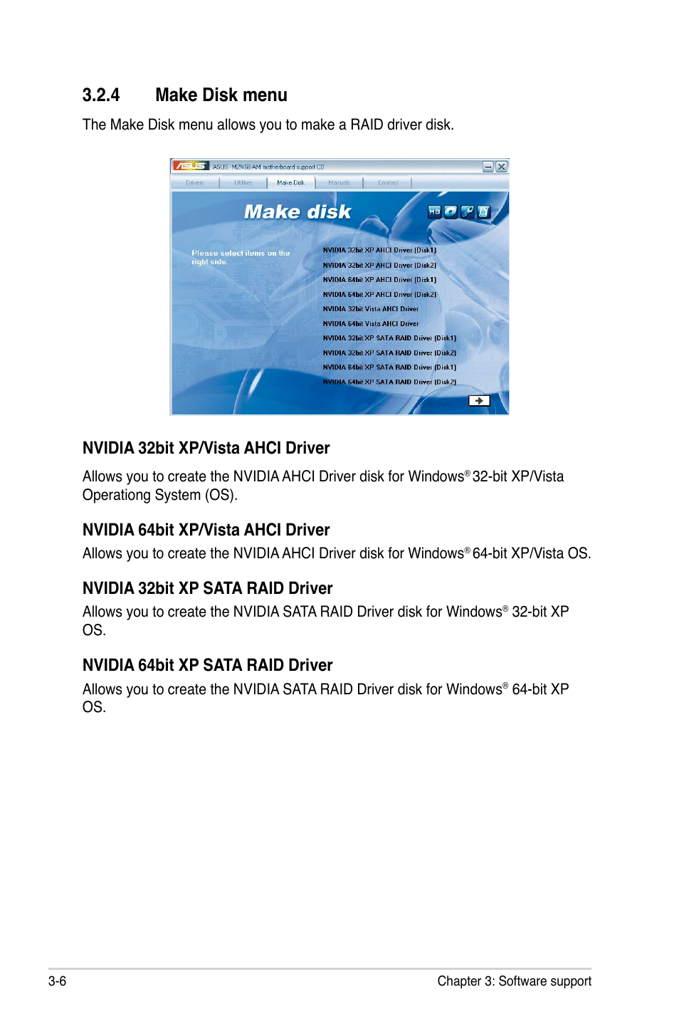 4 make disk menu, Make disk menu, Nvidia 32bit xp/vista ahci driver | Nvidia 64bit xp/vista ahci driver, Nvidia 32bit xp sata raid driver, Nvidia 64bit xp sata raid driver | Asus M2N68-AM User Manual | Page 92 / 96