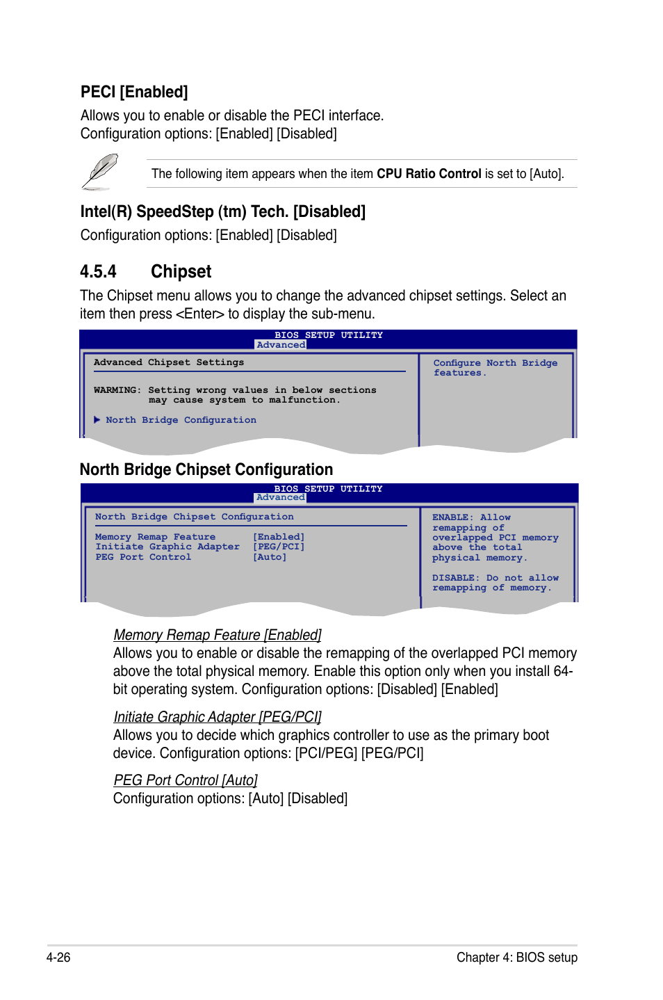 4 chipset, Peci [enabled, Intel(r) speedstep (tm) tech. [disabled | North bridge chipset configuration, Configuration options: [enabled] [disabled | Asus Blitz Extreme User Manual | Page 100 / 188
