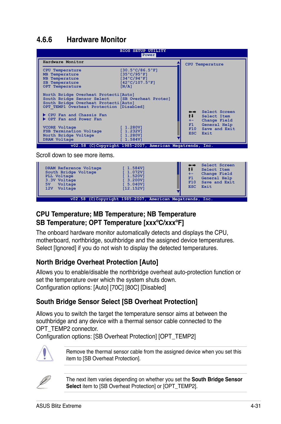 6 hardware monitor, North bridge overheat protection [auto, South bridge sensor select [sb overheat protection | Scroll down to see more items | Asus Blitz Extreme User Manual | Page 105 / 188