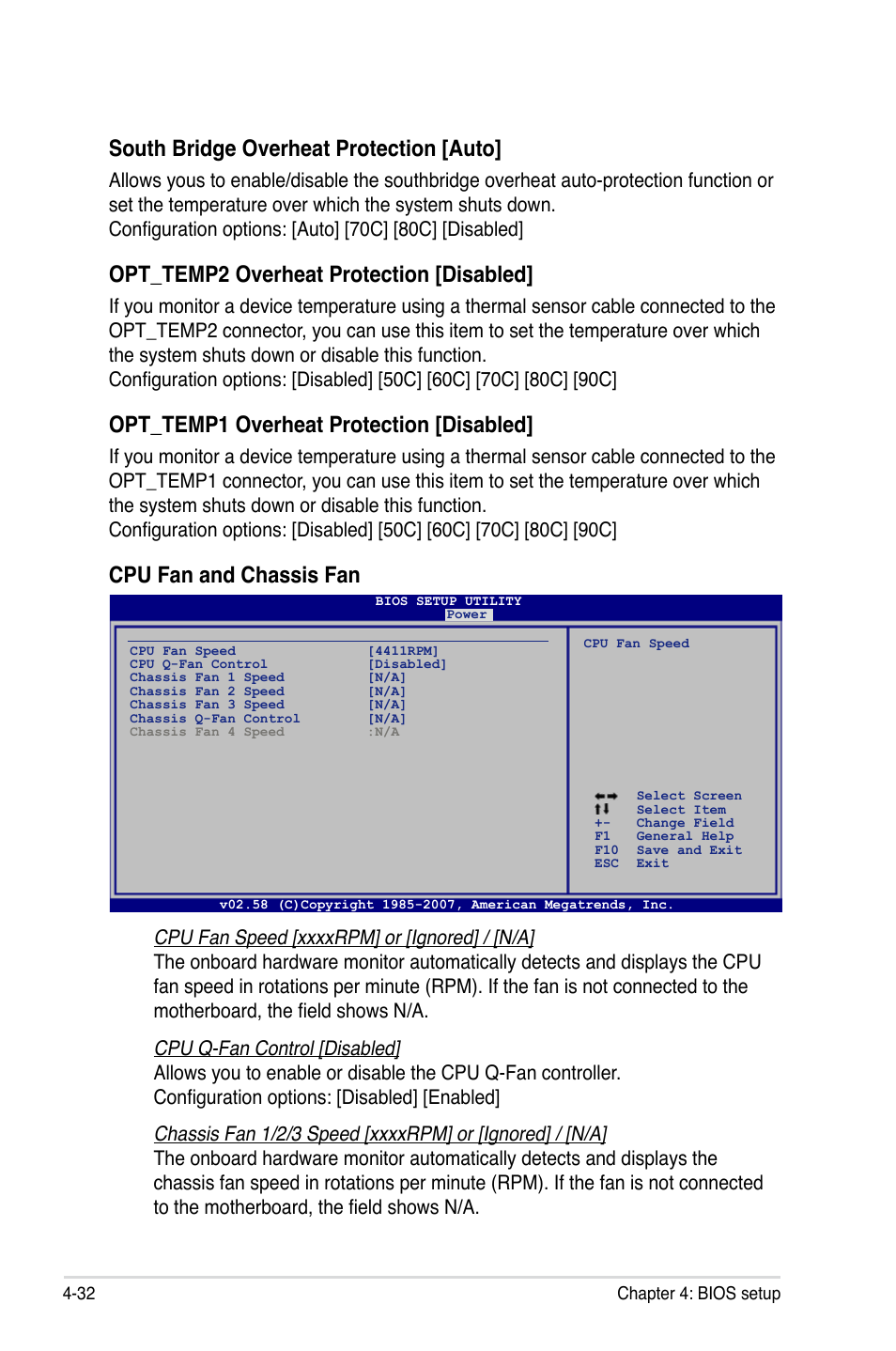 South bridge overheat protection [auto, Opt_temp2 overheat protection [disabled, Opt_temp1 overheat protection [disabled | Cpu fan and chassis fan | Asus Blitz Extreme User Manual | Page 106 / 188