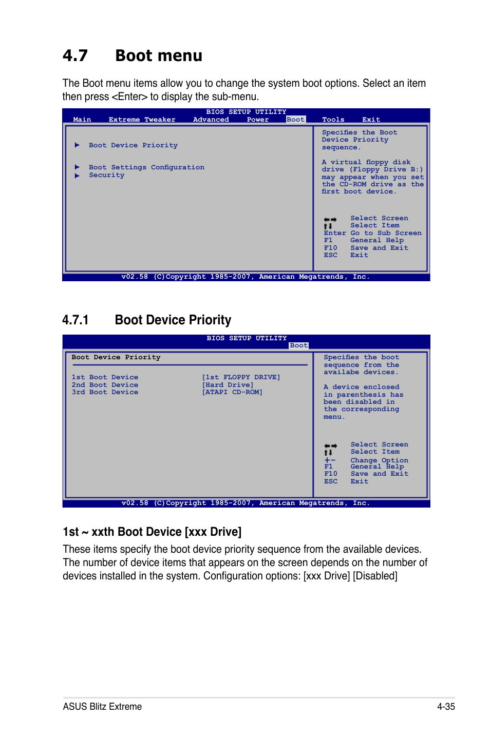 7 boot menu, 1 boot device priority, 1st ~ xxth boot device [xxx drive | Asus Blitz Extreme User Manual | Page 109 / 188