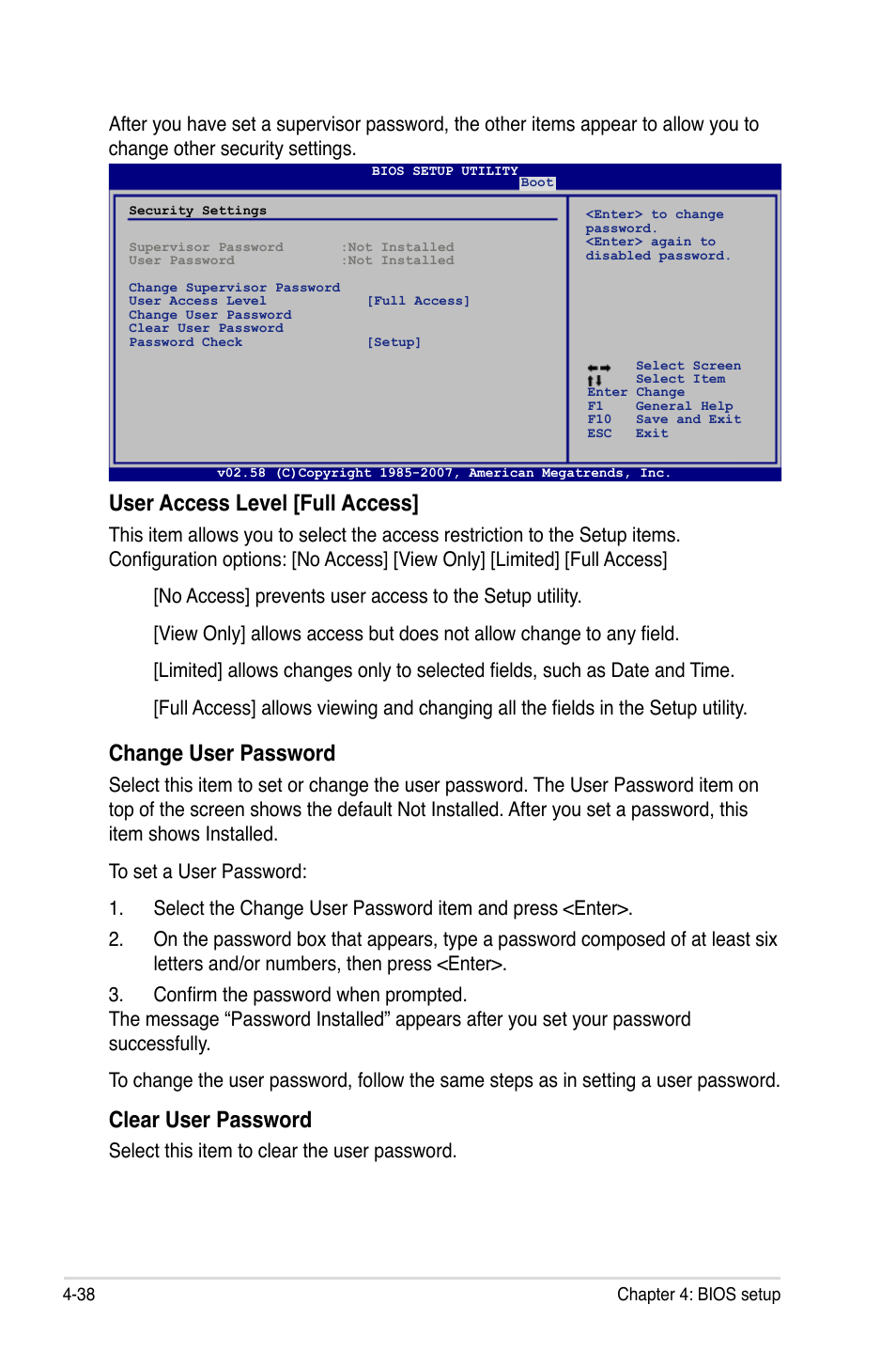 User access level [full access, Change user password, Clear user password | Select this item to clear the user password | Asus Blitz Extreme User Manual | Page 112 / 188
