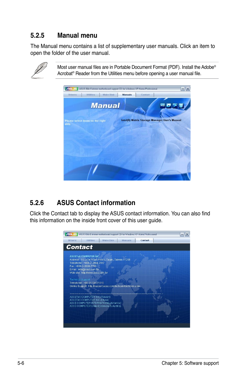 5 manual menu, 6 asus contact information | Asus Blitz Extreme User Manual | Page 124 / 188