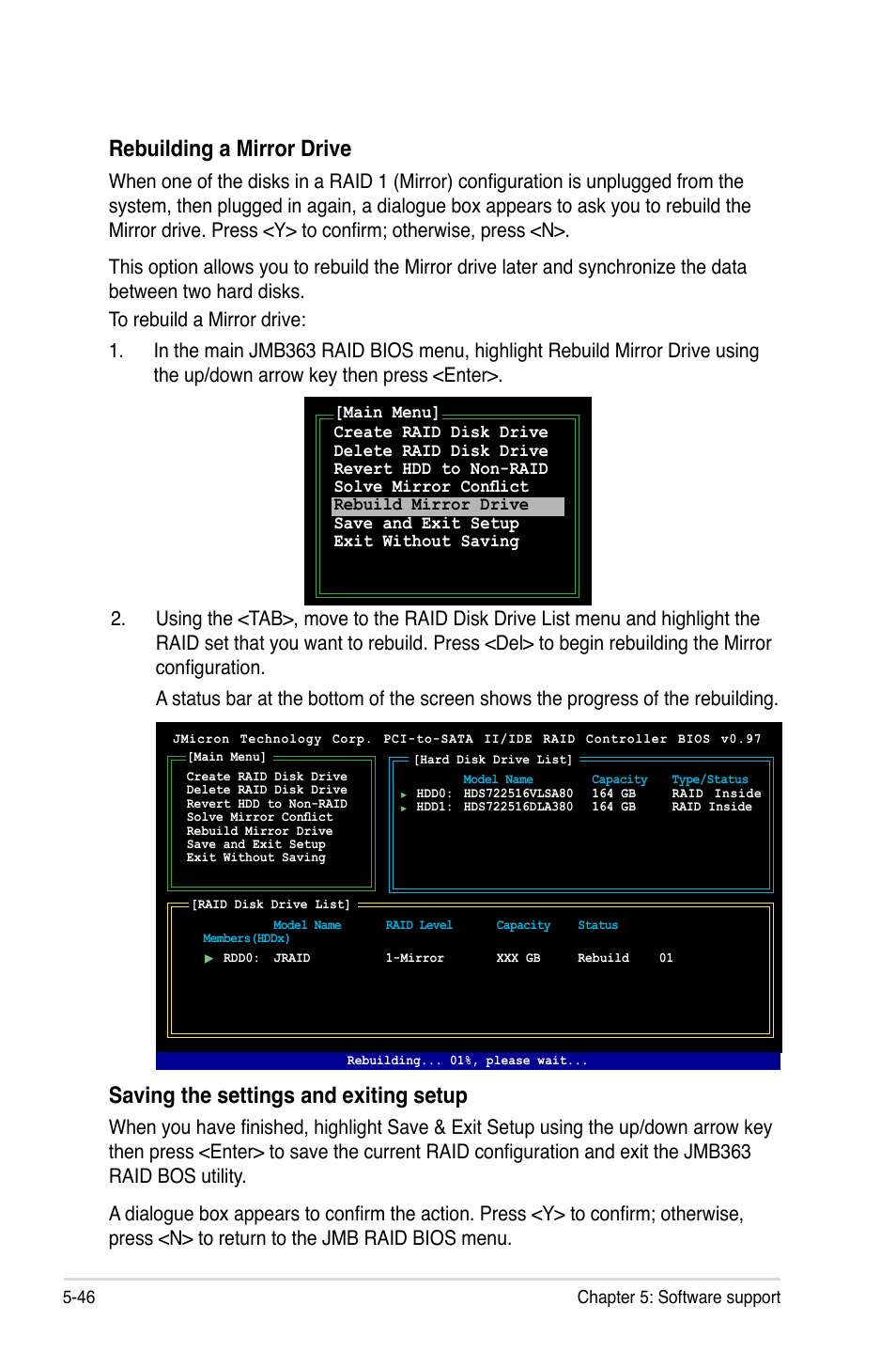 Saving the settings and exiting setup, Rebuilding a mirror drive | Asus Blitz Extreme User Manual | Page 164 / 188