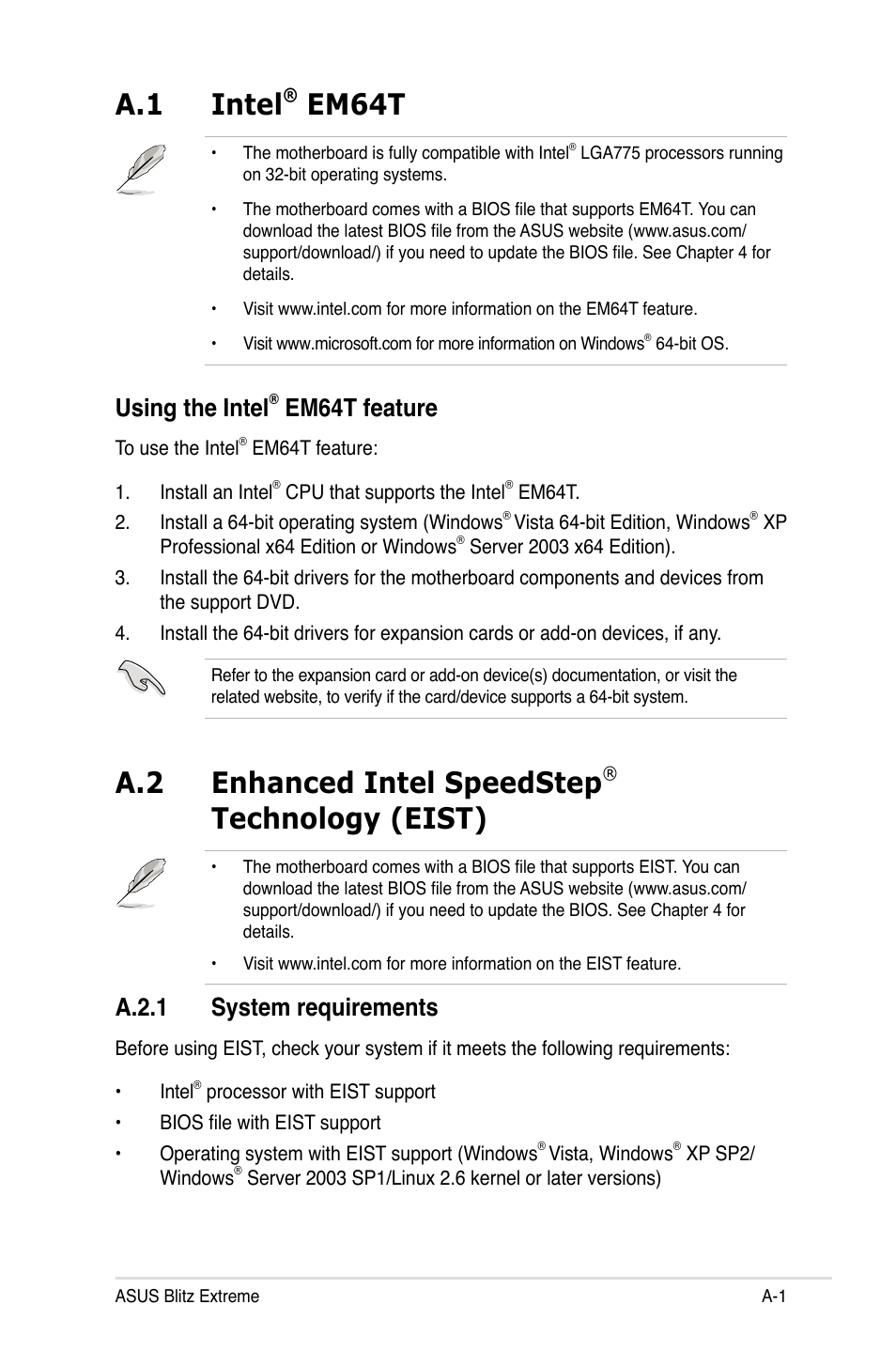 A.1 intel, Em64t, A.2 enhanced intel speedstep | Technology (eist), Using the intel, Em64t feature, A.2.1 system requirements | Asus Blitz Extreme User Manual | Page 183 / 188